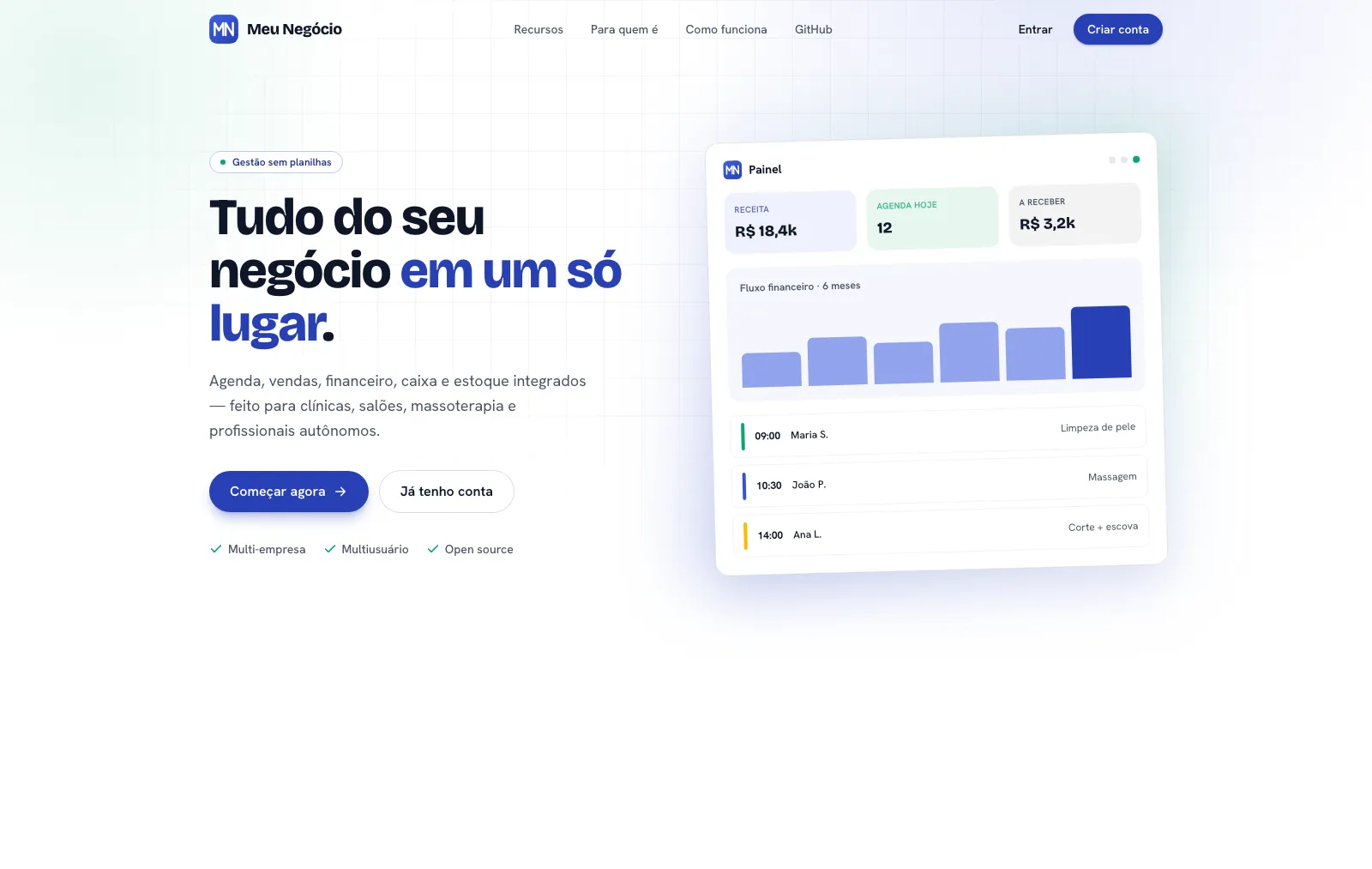 A landing page pública do produto, que eu também desenhei e publiquei.