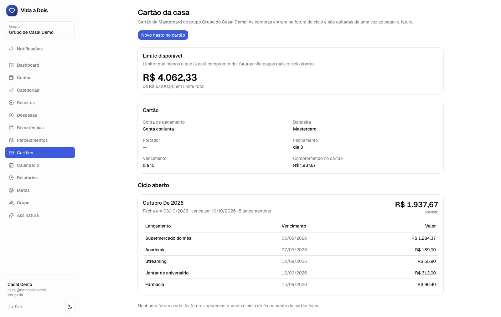 The card treated as an account: available limit, the open cycle and the entries that will make up the next bill.