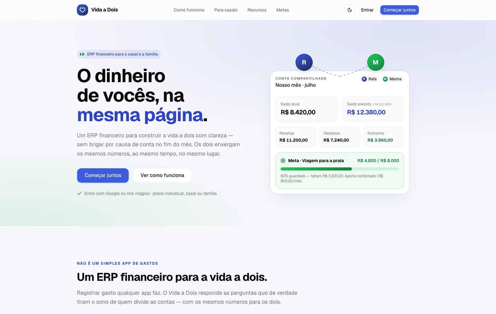 The landing page: a finance ERP for shared life, with the same numbers for both people.