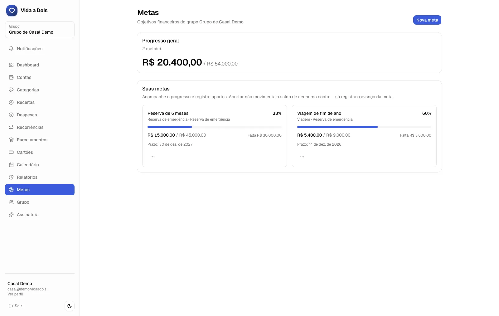 Goals with progress, deadline and what's left — a contribution records progress without touching account balances.
