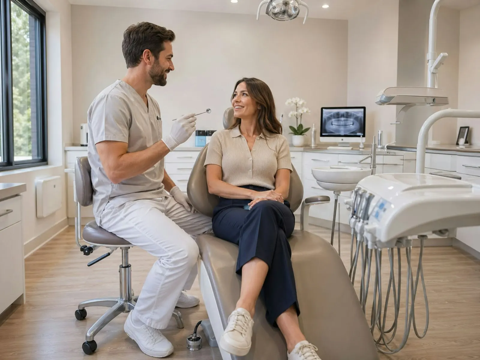 Dentista conversando com paciente em consultório moderno