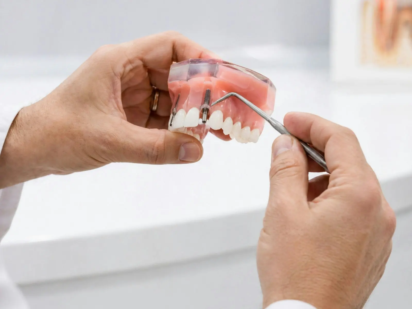 Dentista mostrando modelo de implante dentário